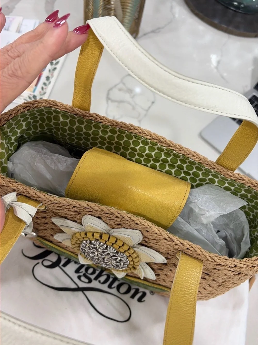 Brighton Straw Tote with Yellow Sunflower and White Handles - Picture 2 of 4
